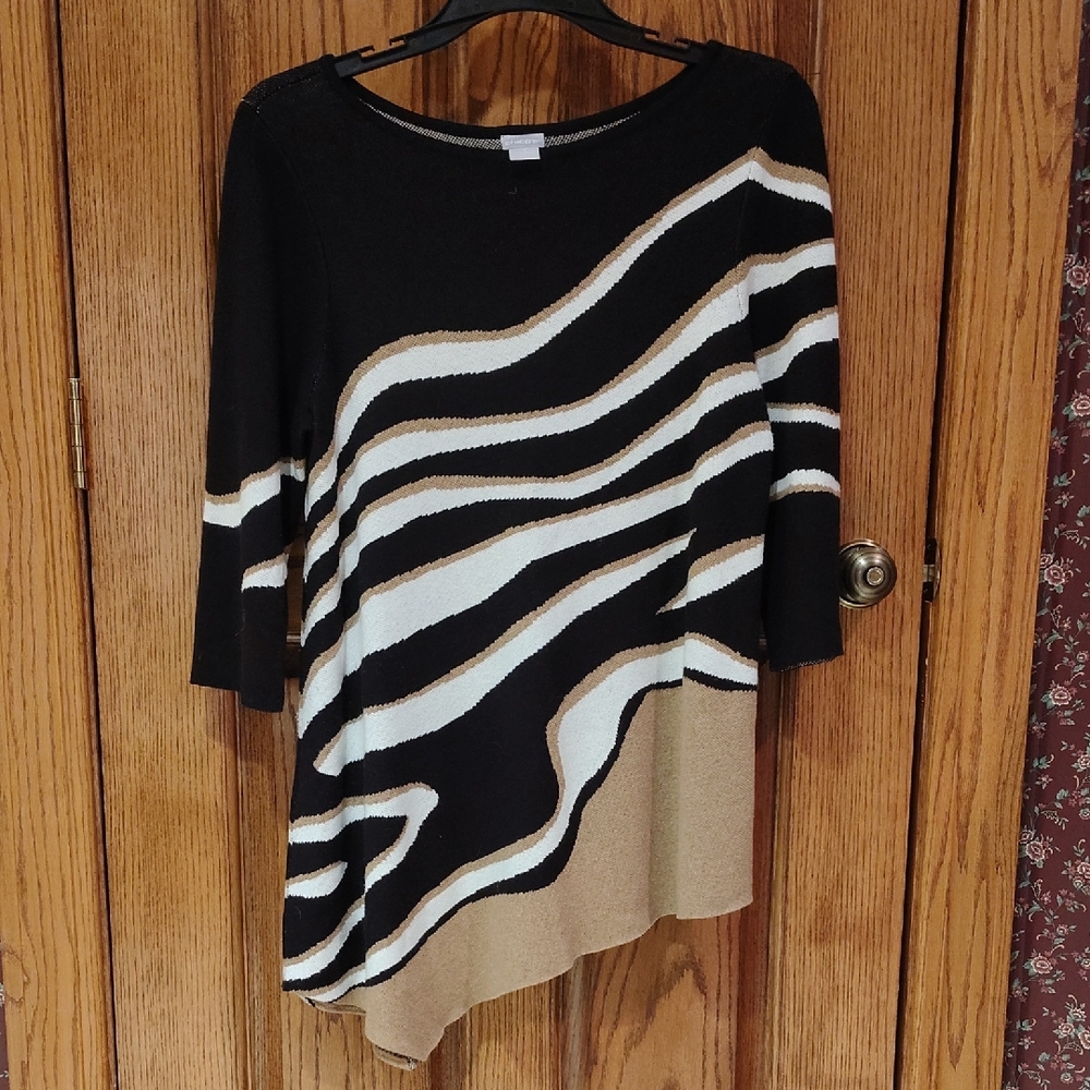 Chico's Black Knit Top with Asymmetrical Cream & Tan Stripes and Hem 2 (Large)